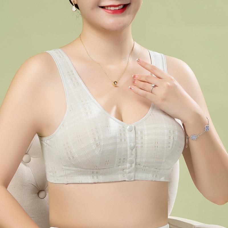 Plus Size Plaid Wireless Front Closure Vest Cotton Bra For Middle Aged Women