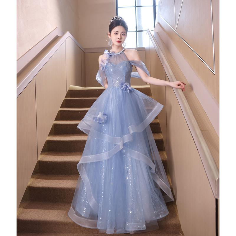 Blue Banquet Evening Dress Dress Women's 1011 New High-end Light Luxury Niche Host Advanced Sense Art Test Adult Ceremony