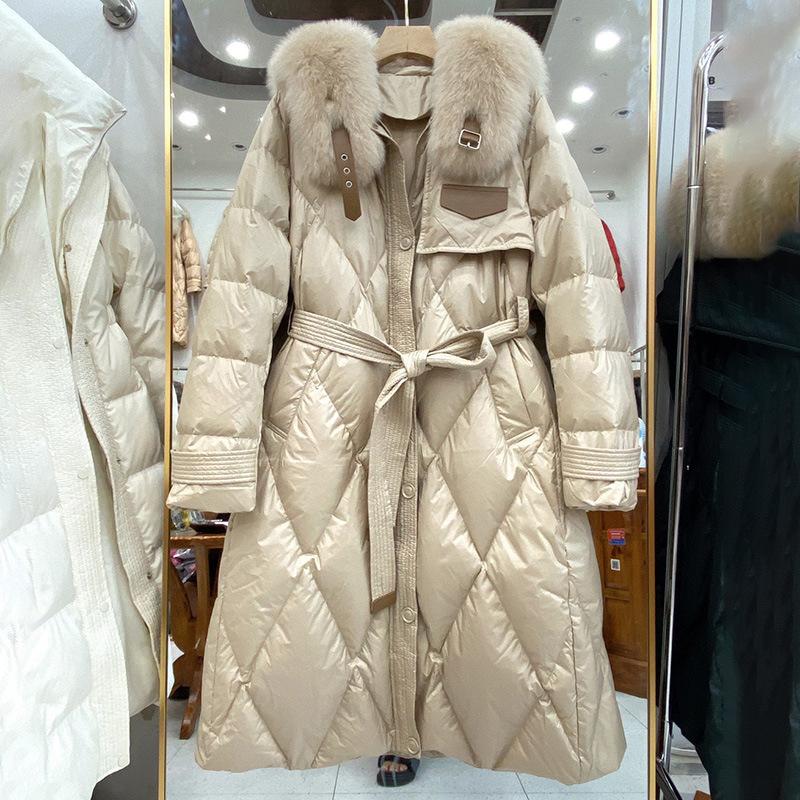 2024 autumn and winter big fur collar down jacket women's medium and long slim belt waist winter fox fur collar jacket