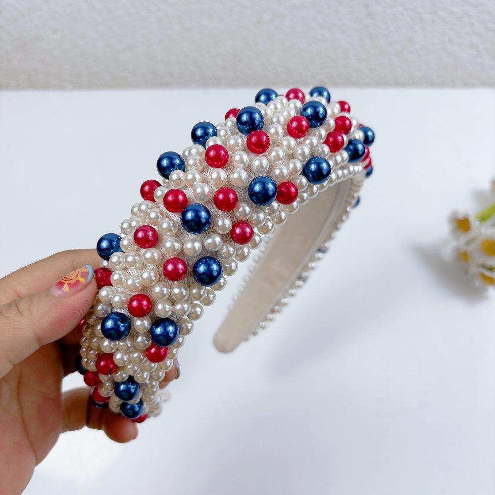 

Новые американские красные синие жемчужные повязки на голову, полностью жемчужная цепочка, повязка для волос, фестивальные аксессуары для волос, роскошные широкие красочные бисерные резинки для волос