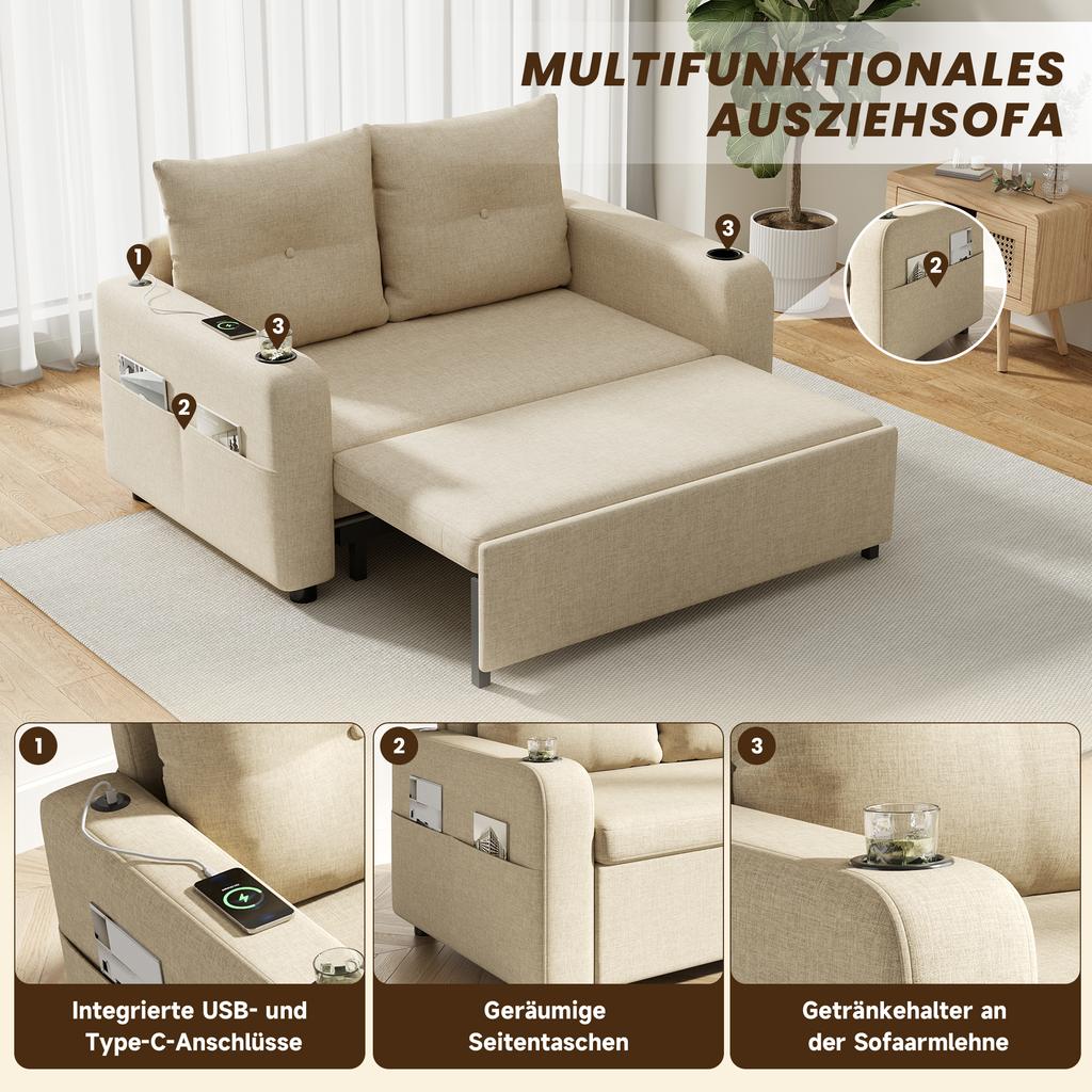3-in-1 Sleeper Sofa, Pull-Out Sofa Bed, Double Sofa with Cup Holder, Side Pockets, Cushions and USB Port, Modern Design, Beige.[Old SKU:N653P8156A]
