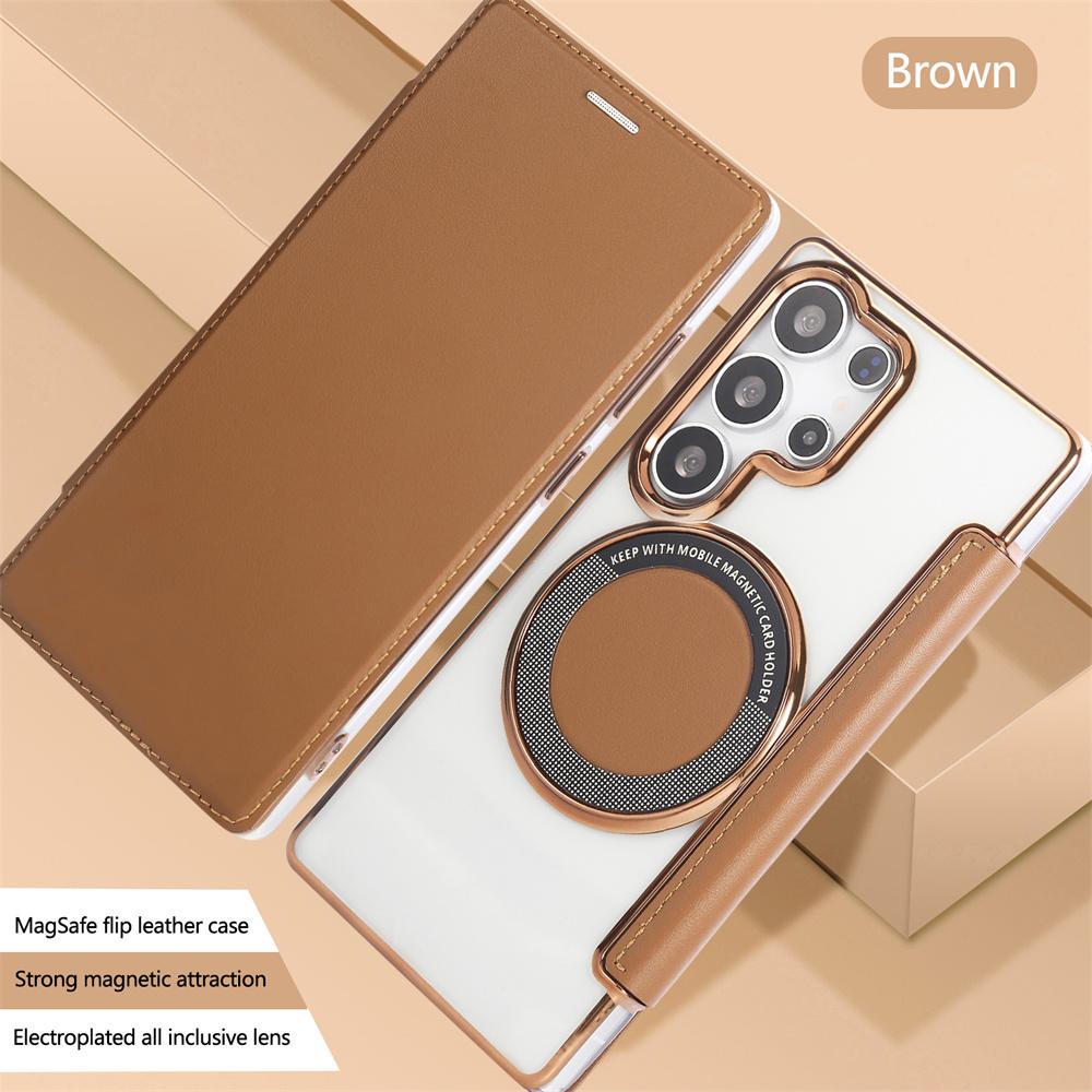 Flip Slot Card Leather Wallet Clear Magnetic Phone Case For Samsung S24 S25 Ultra S22 S23 Plus For Magsafe Wireless Charge Cover