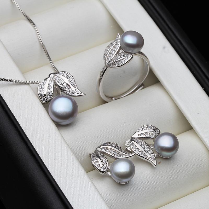 Real Pearl  Ring Necklace Earrings For Women,Natural Freshwater White Pearl Jewelry Set 925 Sterling Silver Jewelry Sets Gift
