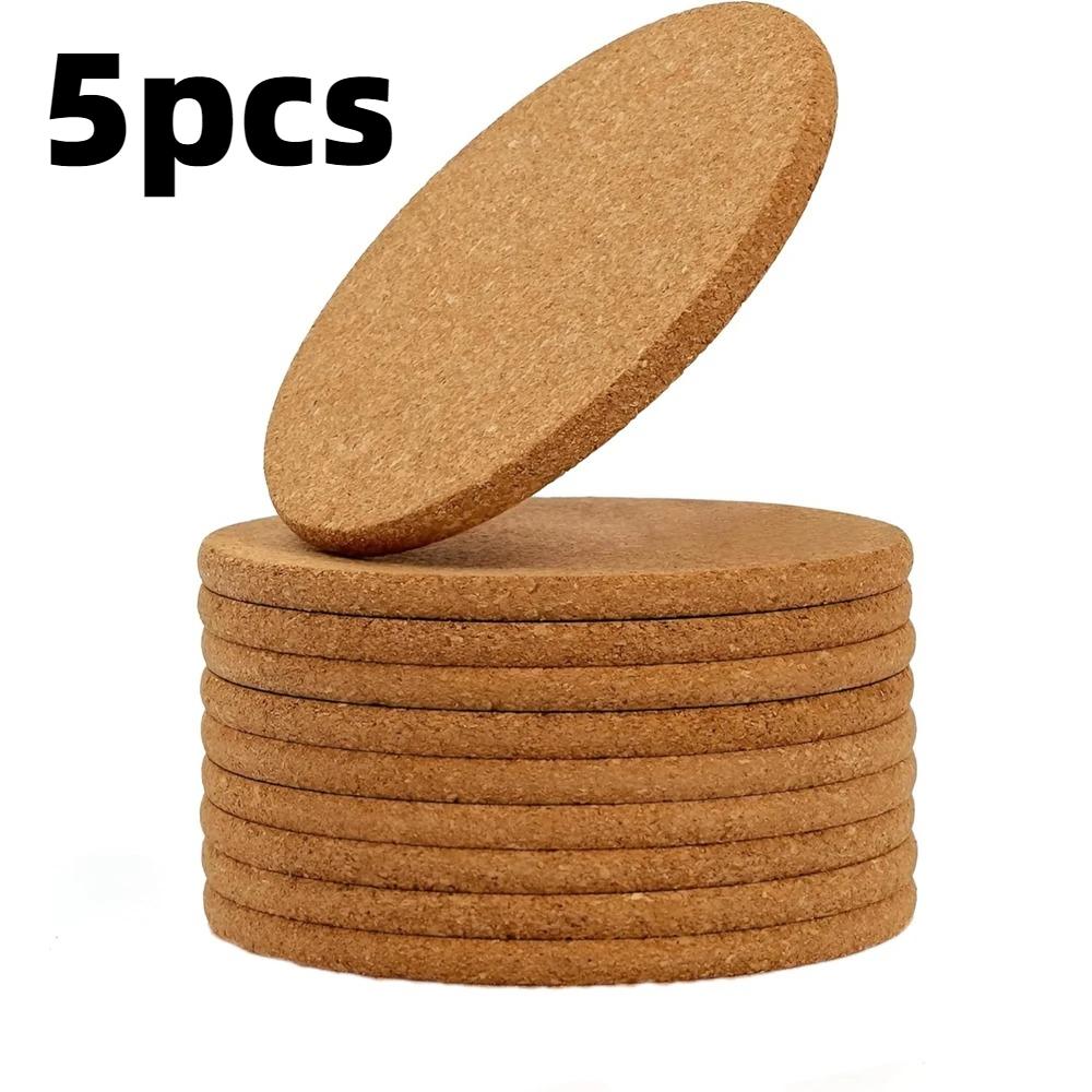 5pcs Cork Coaster Self-adhesive Cork Coaster Natural Round Wooden Cup Mat For Coffee Mug Drink Holder Table Decoration Placemat One Size&Round