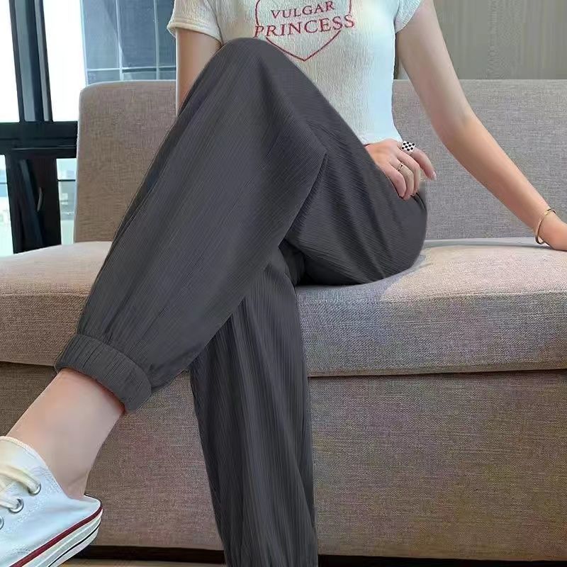 Women's Solid Colour Thin Section Casual Sweatpants Spring Summer Drawstring Foot Lantern Ice Silk Trousers
