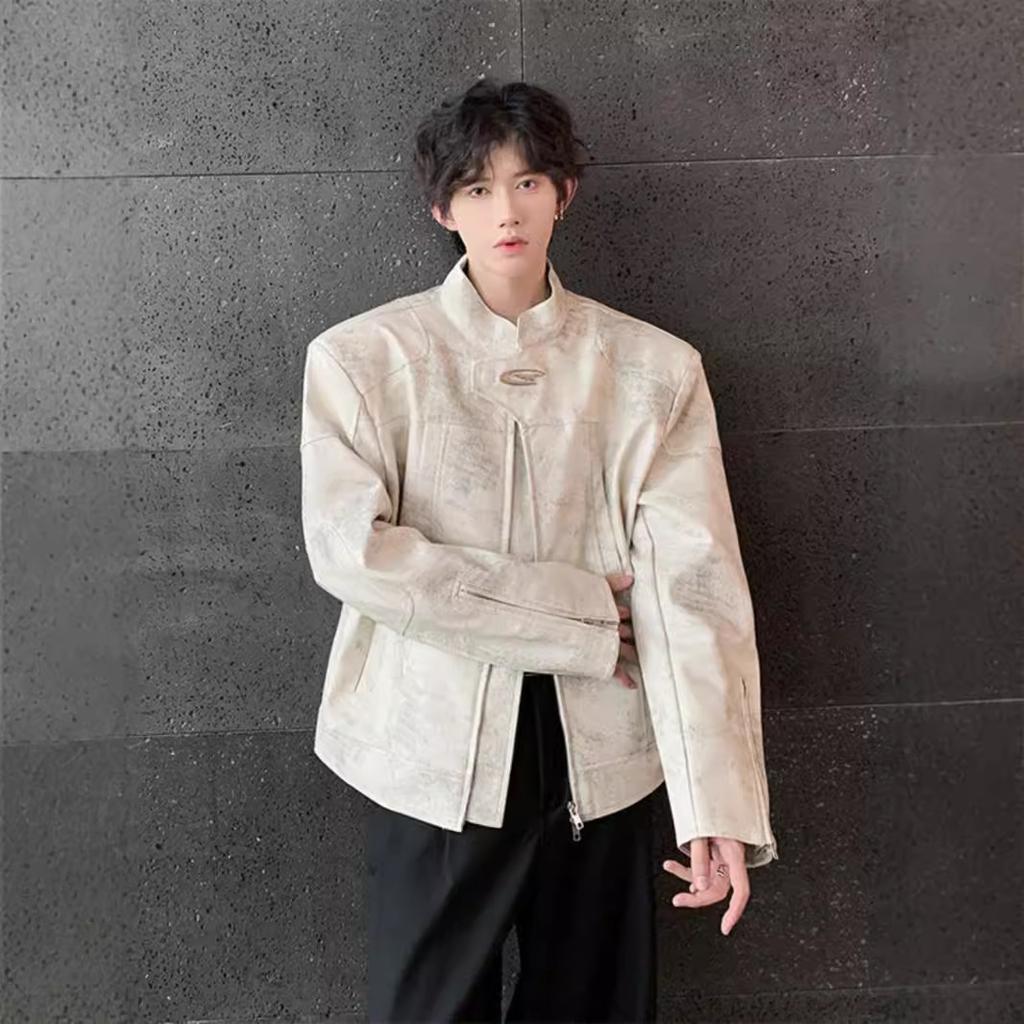 Vit Kort Ståkrage Läderjacka Herr Motorcykeljacka Design Topp