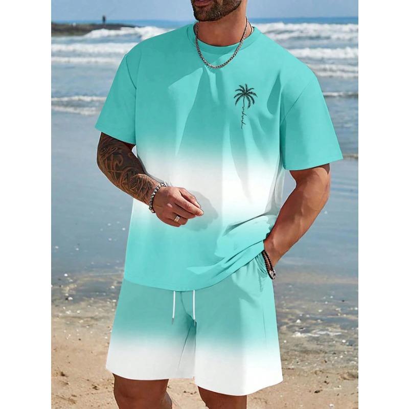 Neues Farbverlauf T-Shirt Shorts 2-teiliges Set Kurzarm-T-Shirts Elastische Taille Shorts Set Tasche Hawaiianisches Herren Strand Badeanzug XL