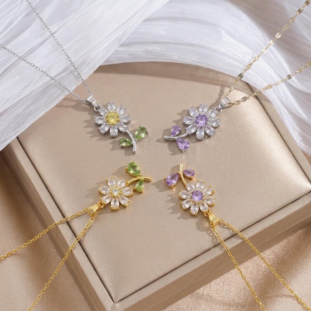 Gold-Plated Sunflower Zirconia Necklace - Elegant European & American Style Clavicle Chain