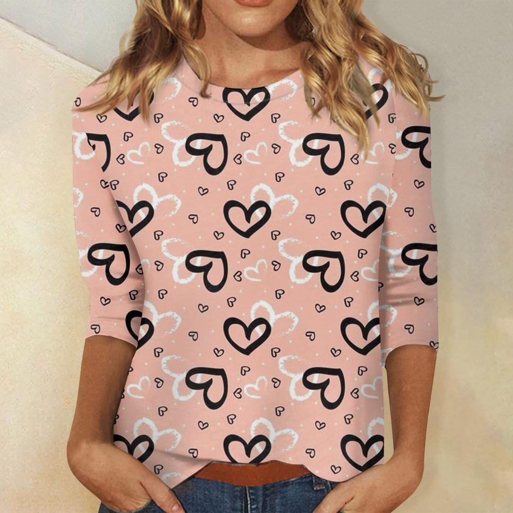 Damen Valentinstag Print Mode Lässig 3/4 Ärmel Rundhals Oberteil