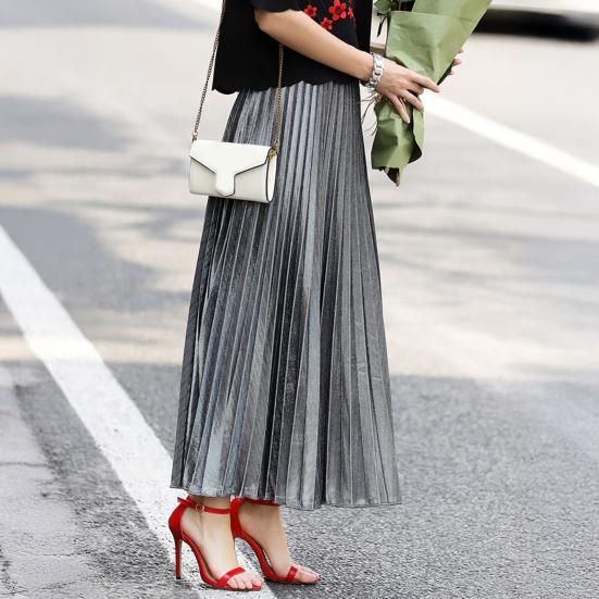 Women Maxi Skirt Elastic High Waist Pleated Golden Long Skirt Slimming Design Spring Summer Skirt Work Leisure Travel Wear