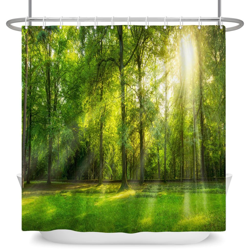 Tropical Forest Shower Curtain Natural Scenery Waterproof Trees Moss Bathroom Partition Screen Bath Curtain Polyester With Hooks