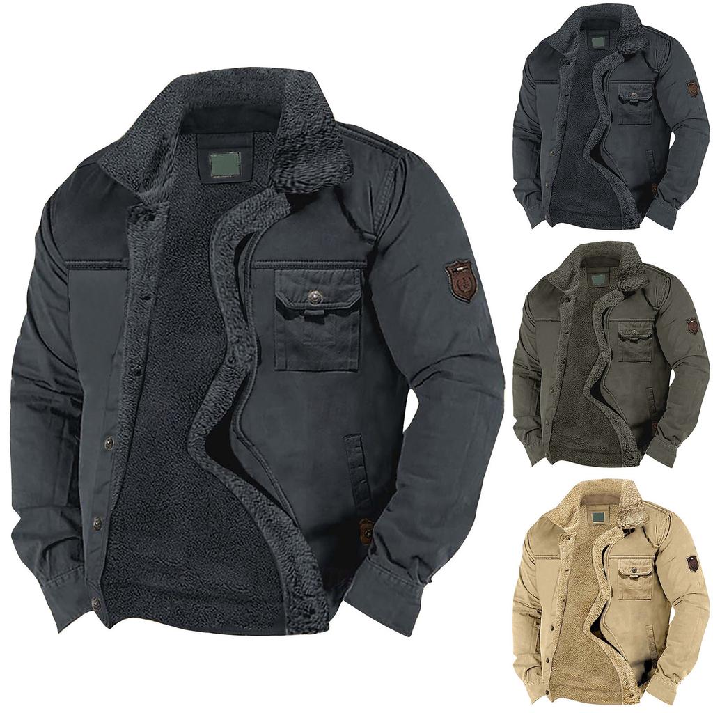 Men's Solid Color Fleece Workwear Casual Loose Button Lapel Pocket Long Sleeve Jacket Shirt