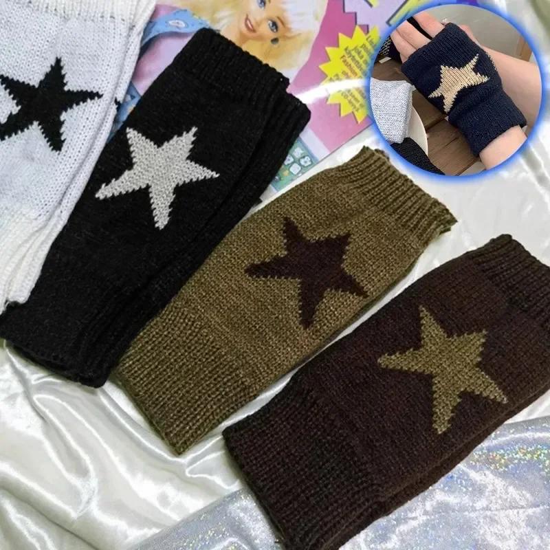 1/2 Pairs Y2K Knitted Half Finger Star Gloves Autumn Winter Warm Women Mittens Five Pointed Star Fingerless Gloves Fashion Soft