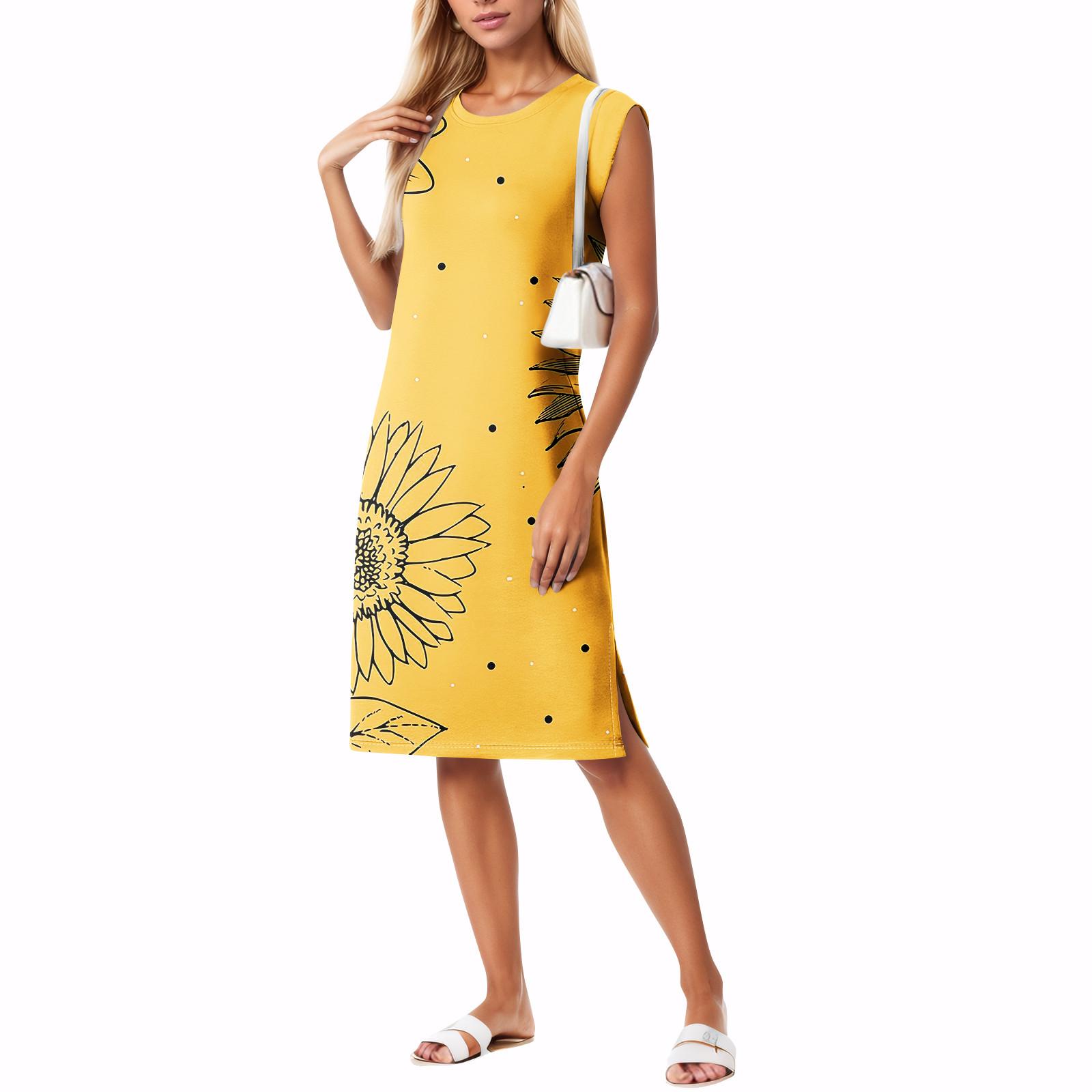 

Летние платья для женщин с круглым вырезом, повседневное свободное пляжное платье с разрезом и карманами S жёлтый