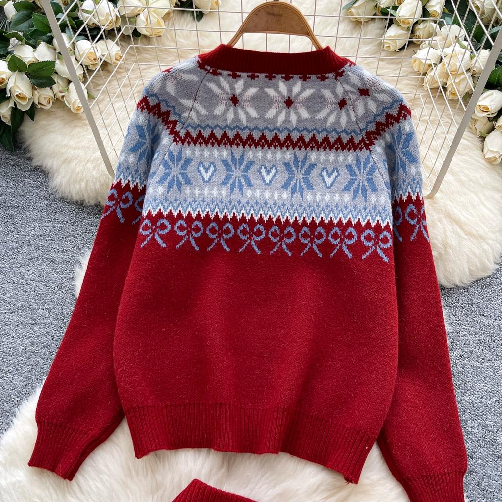 Autumn Winter Women Vintage Jacquard Knitted Sweater Two Piece Set Single Breasted Cardigans Tops and Mini Short Sheath Skirt Suit