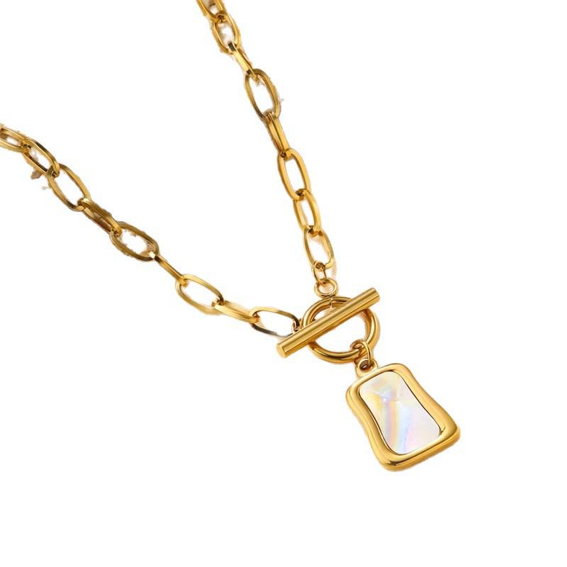European and American Fashion Mother-of-Pearl Square Pendant Titanium Steel Necklace - Light Luxury Sweater and Clavicle Chain Jewelry.