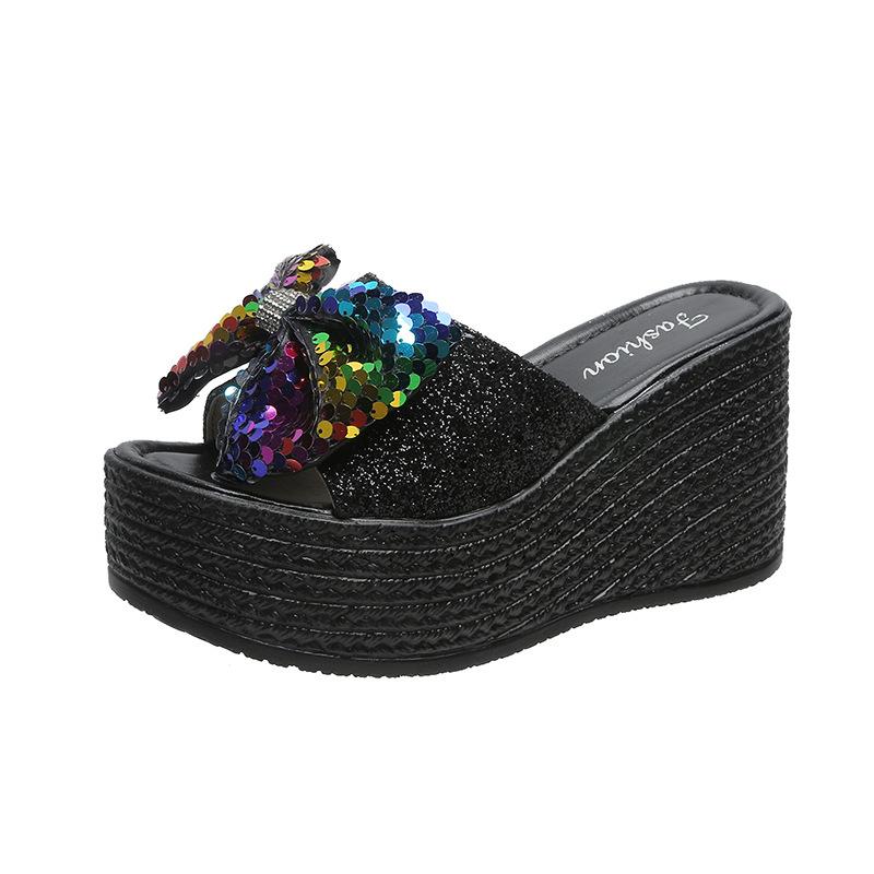 Summer new inner height increase sequin bow thick bottom wedge heel one-character slippers tide