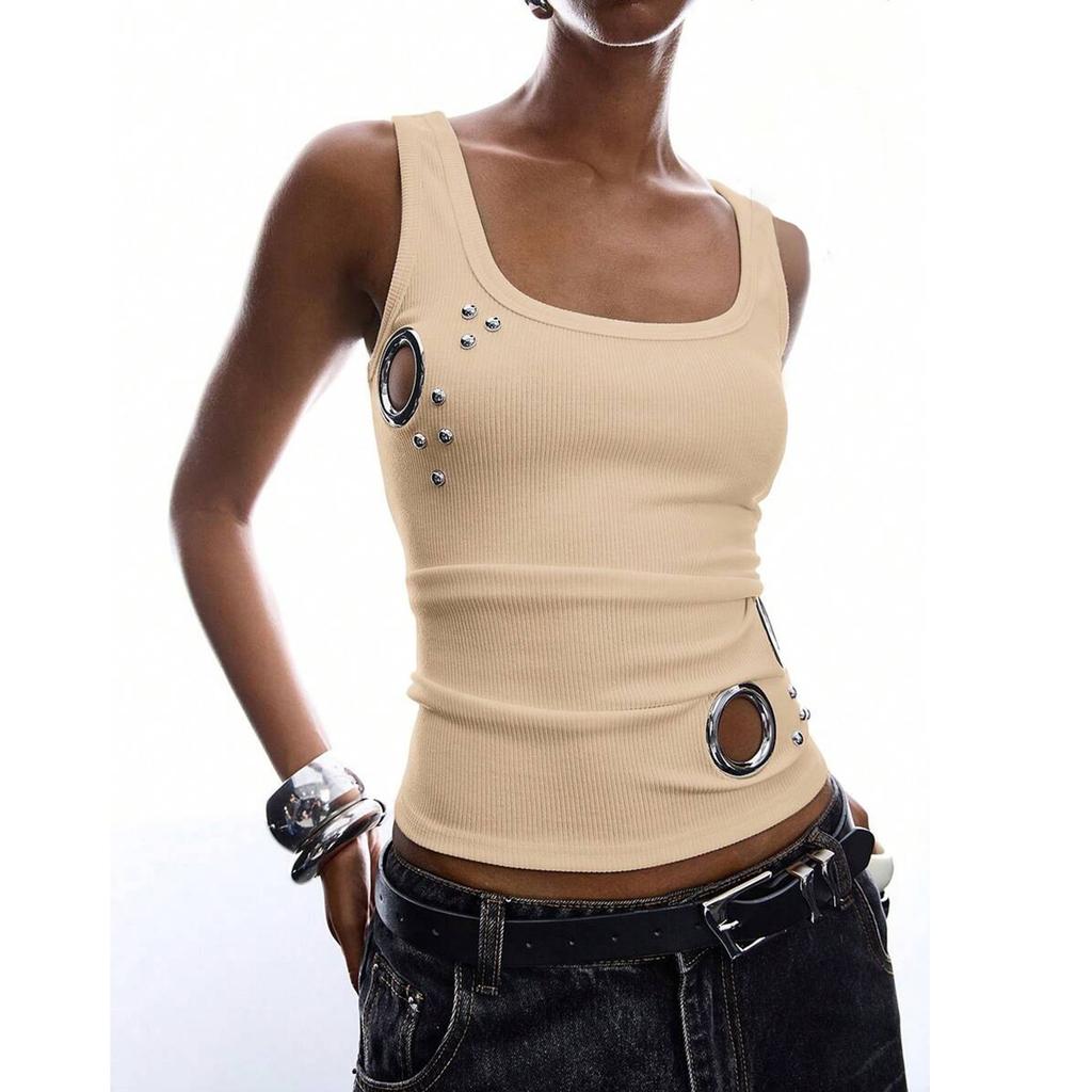 Women Sleeveless Tank Top Pullover Ribbed Knit Casual Summer Vest with Metal Ring Studded Detail Slim Fit
