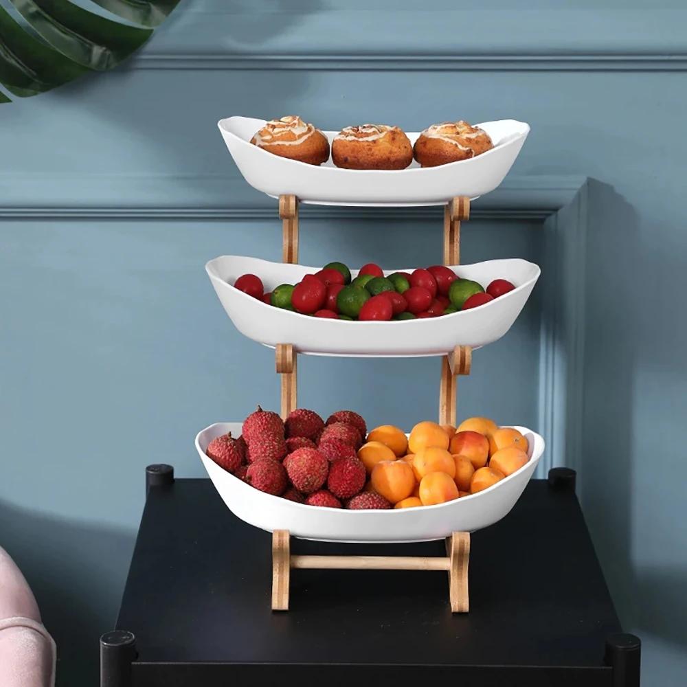 Kunststoff Obstteller mit Holzhalter Oval Servierschalen für Party Essen Server Präsentationsständer Obst Süßigkeitenschale Regale