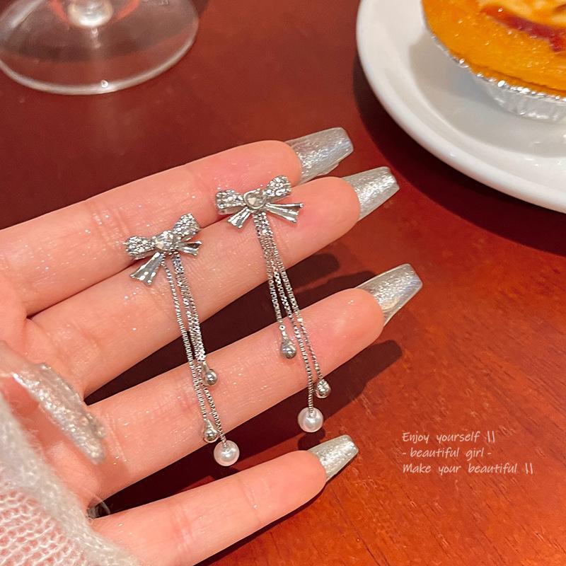 Long Fringed Zircon Earrings Light Luxury Niche Versatile Temperament Bow Stud Earrings