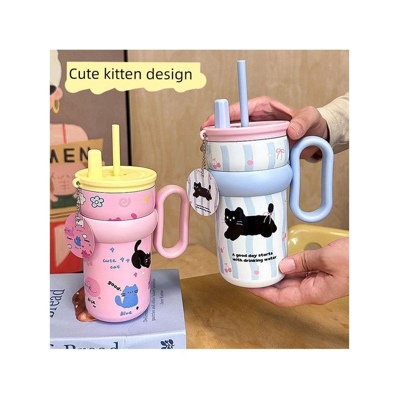 Large-Capacity Thermos Cup for Girls, New Office Water Cup, Giant Student Cup with Handle and Straw, High Aesthetic Value