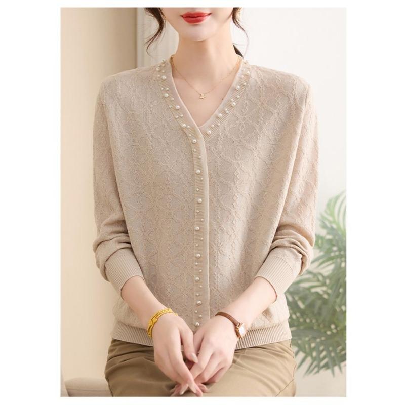 Autumn Women's Spliced Solid Color Beads Fashionable Versatile Top Knitted  Casual Slim Pullover Sweater