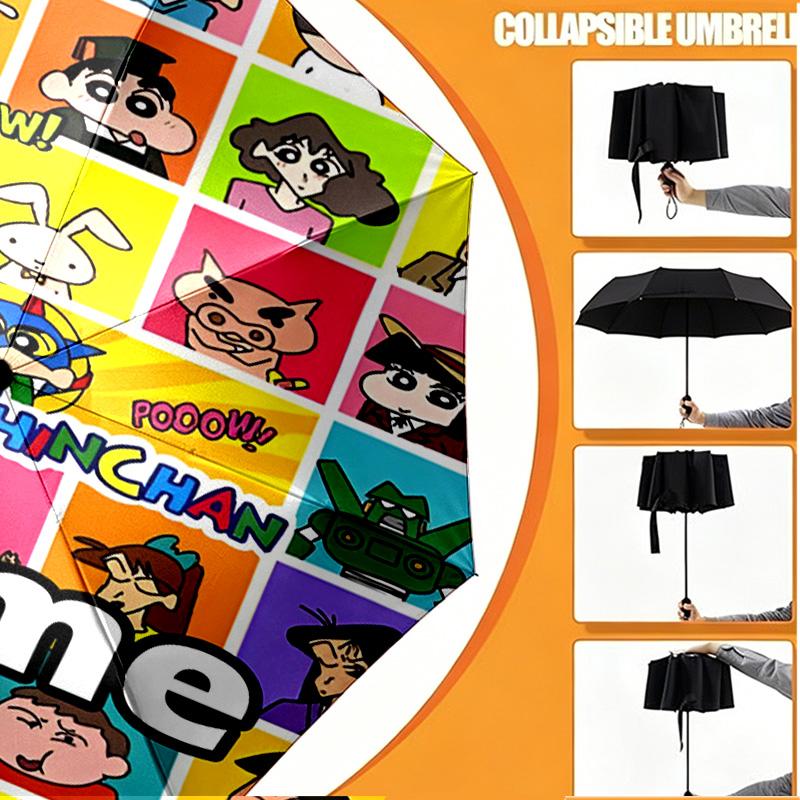 Custom Name Personalized Crayon Shin Print Umbrella, Auto Open Close, 8‑Rib Sturdy Frame, Commute Camping Hiking Use, Birthday Gift