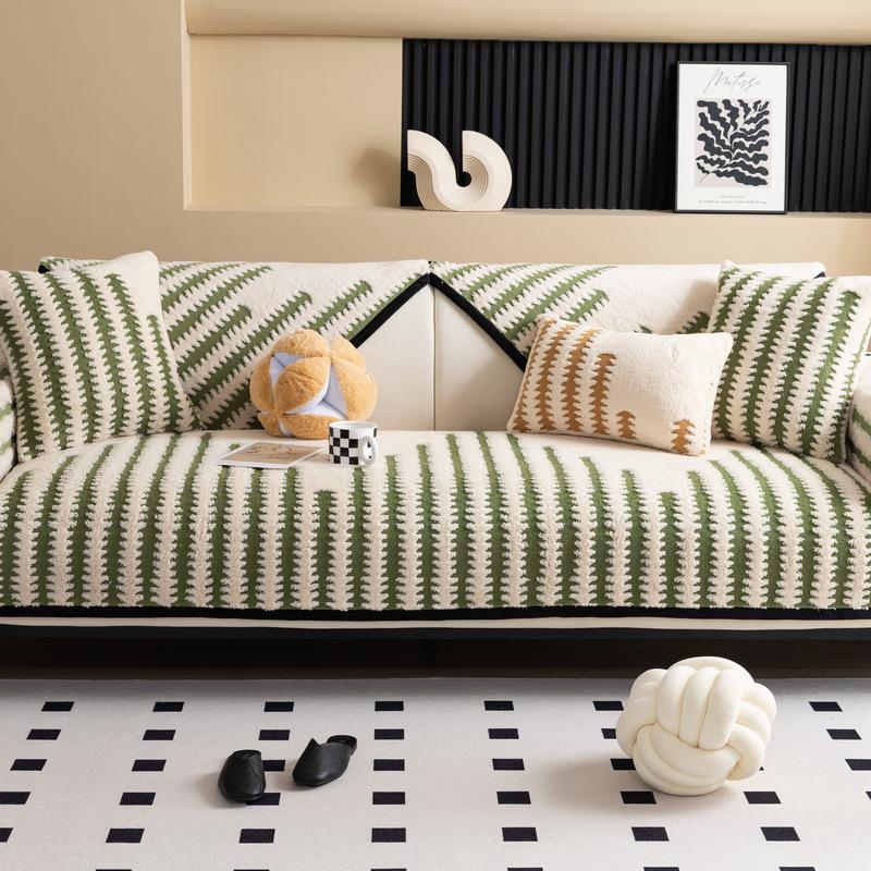 Sofa Cushion  New Thousand Bird Grid Thickened Plush Seat Cushion High-end Non-slip Leather Sofa Cover Winter Cover