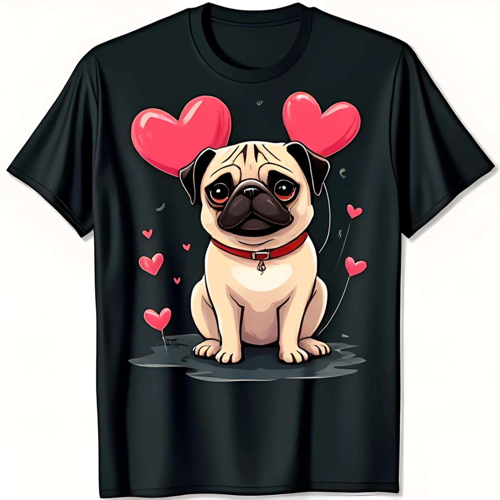 Adorable Cartoon Pug Dog T-Shirt – Cute Red Hearts Black Tee for Pug Lovers 3XL