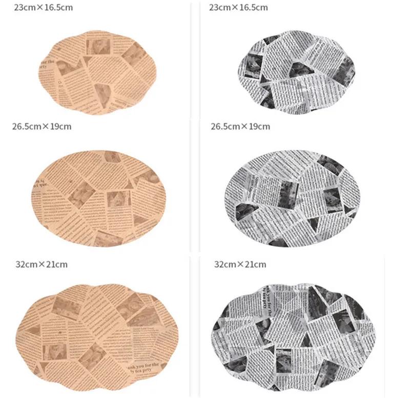 100Pcs Oval Lace Pad English Newspaper Printed Greaseproof Paper Oil Absorbent Hamburger Bread Baking Tray