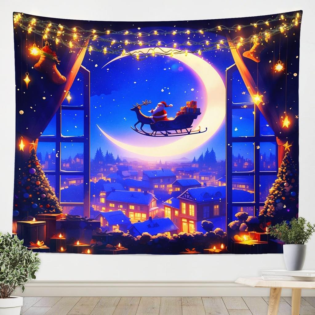 Vintage Merry Christmas Tapestry Santa Claus Tapestry Wall Hanging for Kids Boys Girls Christmas Deer Elk Wall Tapestry Xmas