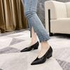 2025 Autumn and Winter New Pointed Head V Mouth Thick Middle Heel Patent Leather Single Shoes Women's Soft Snake Skin Versatile Wedge Heel Retro Gran