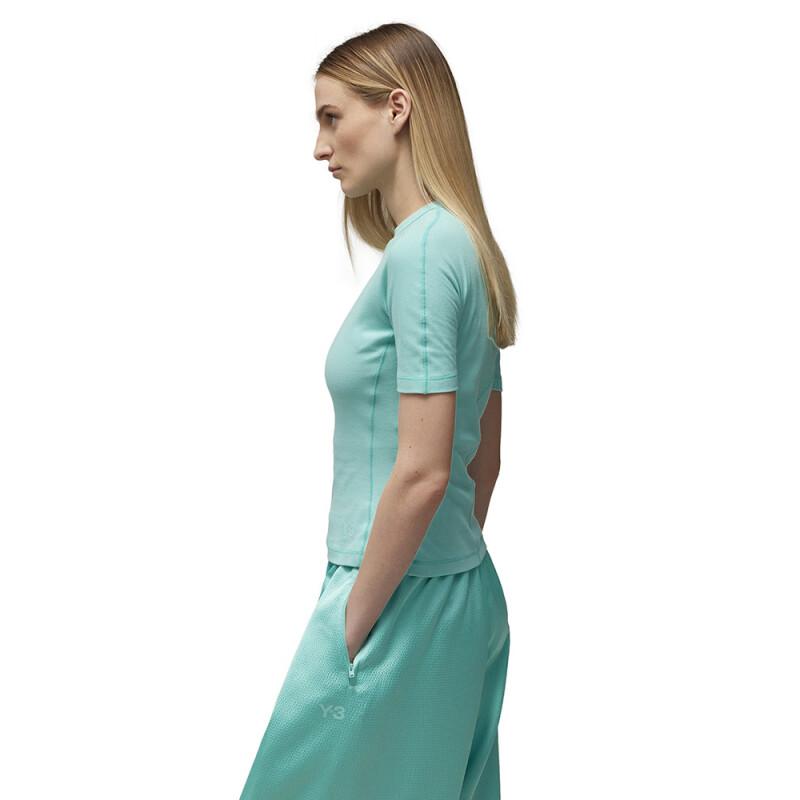 Y-3 Fitted Short Sleeve T-Shirt Solid Color Round Neck Pullover Stretch Women tops Cyan IV7751