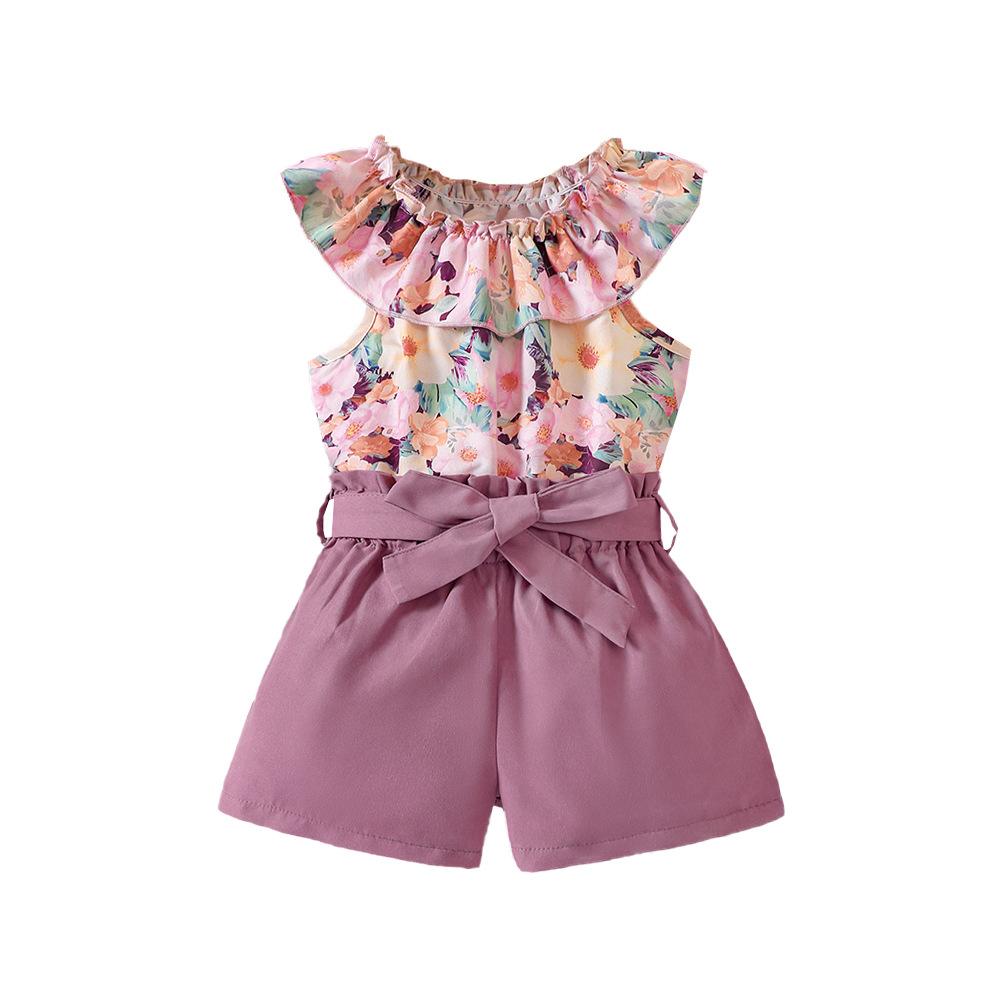 Children's Clothing New Summer Lace Floral Print Top and Shorts Set for Girls 3-7 Years Old