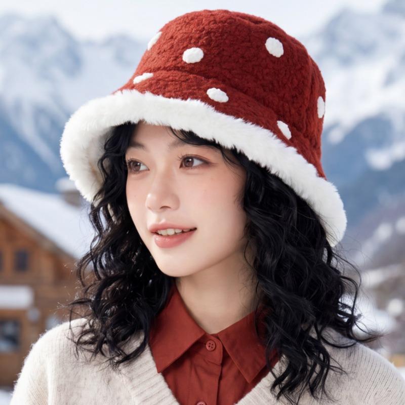 Women S Warm Fleece Knit Bucket Hat Polka Dot Korean Style Fashionable Hat