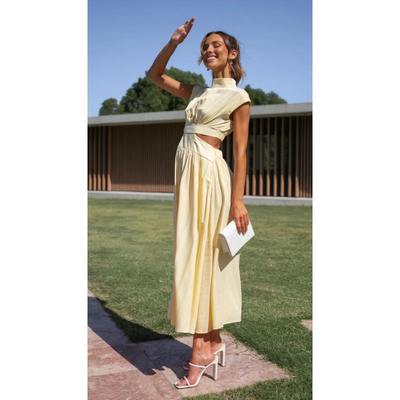 Vestido elegante para mujer, moda informal de verano, Color sólido, sin mangas, vestido sin espalda, vestido largo plisado calado Sexy para mujer