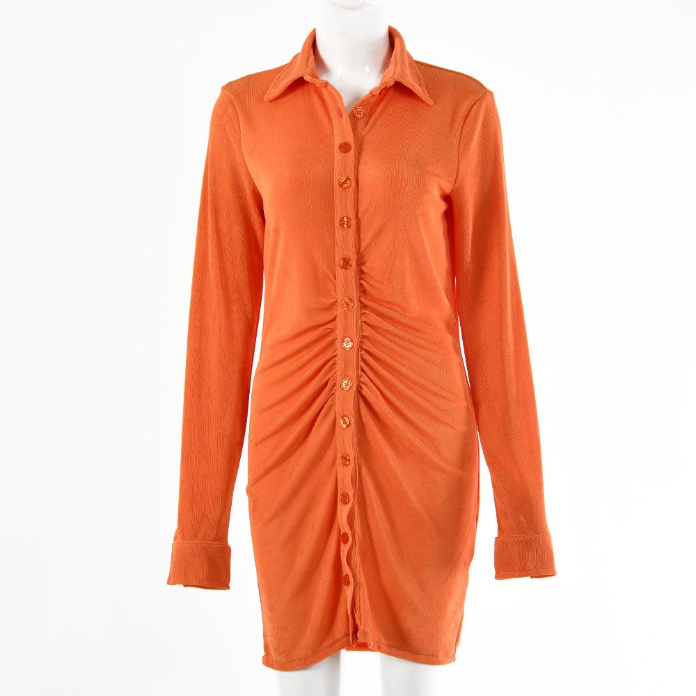 

Solid color dress women s summer new European and American women s clothing Spice Girl sexy long-sleeved lapel single-breasted cardigan short skirt L помаранчевий
