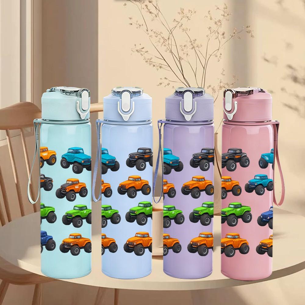 1PC Multi Color Toy Car Seamless Print 750ml Color Plastic Sports Water Bottle Leakproof Flip Straw Lid Suitable for Sports Office Home Use