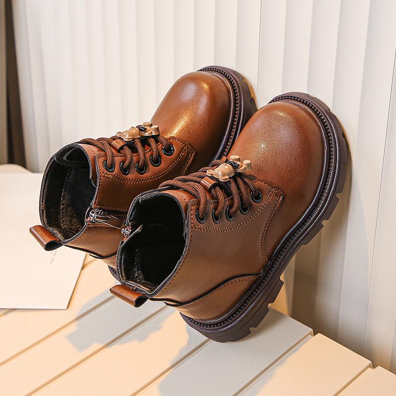 Children Fashion Boots Girls Leather Short Boots Retro Kids Ankle Boots with Bear Doll Anti-Slippery Spring  Autumn 2024 New