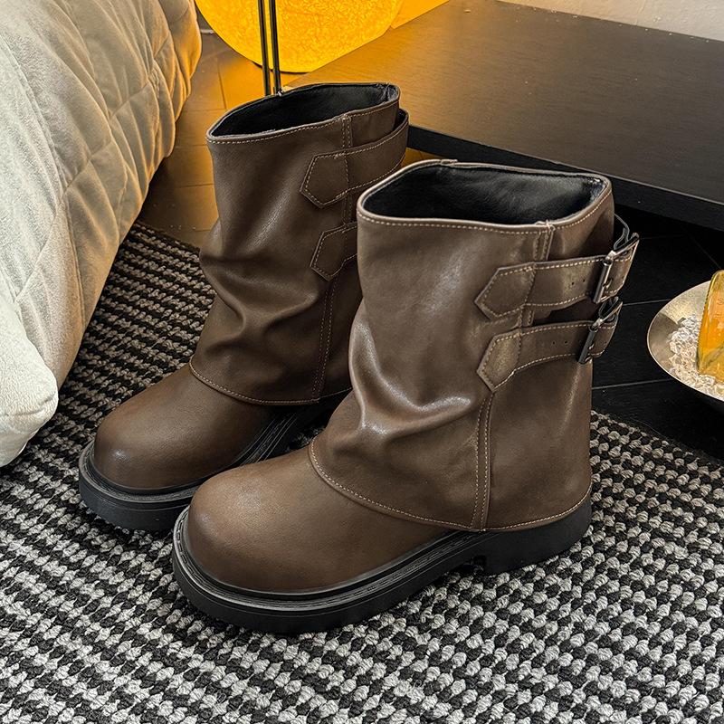 Yueyu Maillard Retro Martin Boots 2025 New Autumn Thick-soled Thick-heeled Women's British Style Stacking Boots Thin Boots