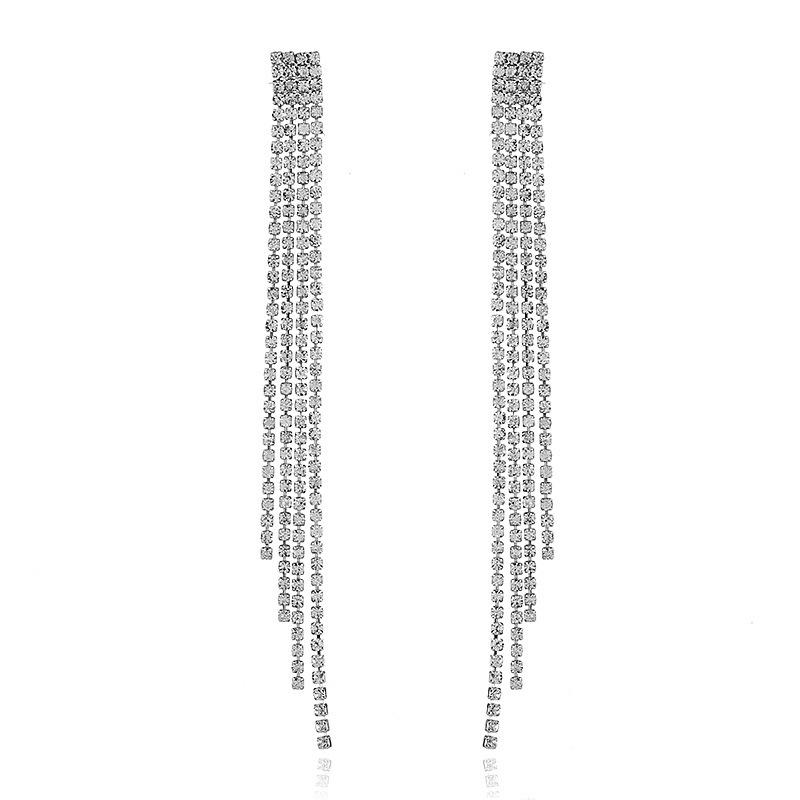 High Quality Light Luxury Full Diamond Exaggerated Chain Fringed Earrings Femininity Love Rhinestone Earrings Internet Celebrity Earrings Wholesale