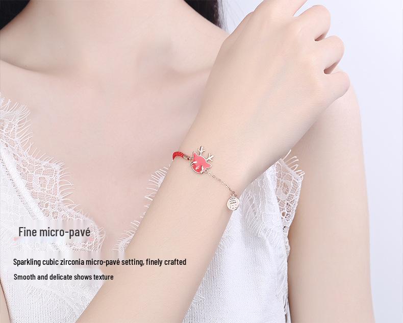 S925 Sterling Silver Antler Bracelet with Temperature-Sensitive Color Change, Woven Red Rope, Chinese Style Women's Christmas Jewelry Gift.