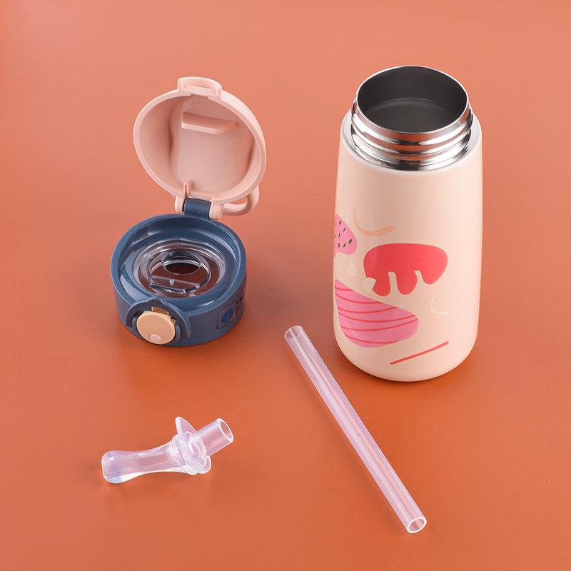 Children's Stainless Steel Insulated Straw Cup - Cute Cartoon Design for Kindergarten and Student Use