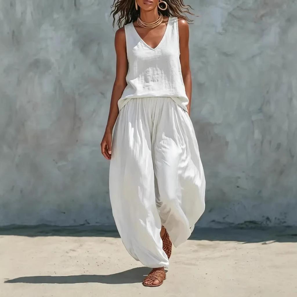 Damen Lässiges V-Ausschnitt Ärmelloses Oberteil und Weite Hosen Set Sommer Loungewear Zweiteiliges Outfit