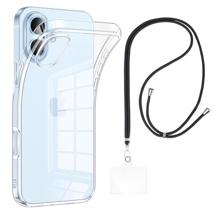 Pack Case and Lanyard for iPhone 17 - Transparent Soft TPU Protection Adjustable Universal Lanyard Black Phonillico®