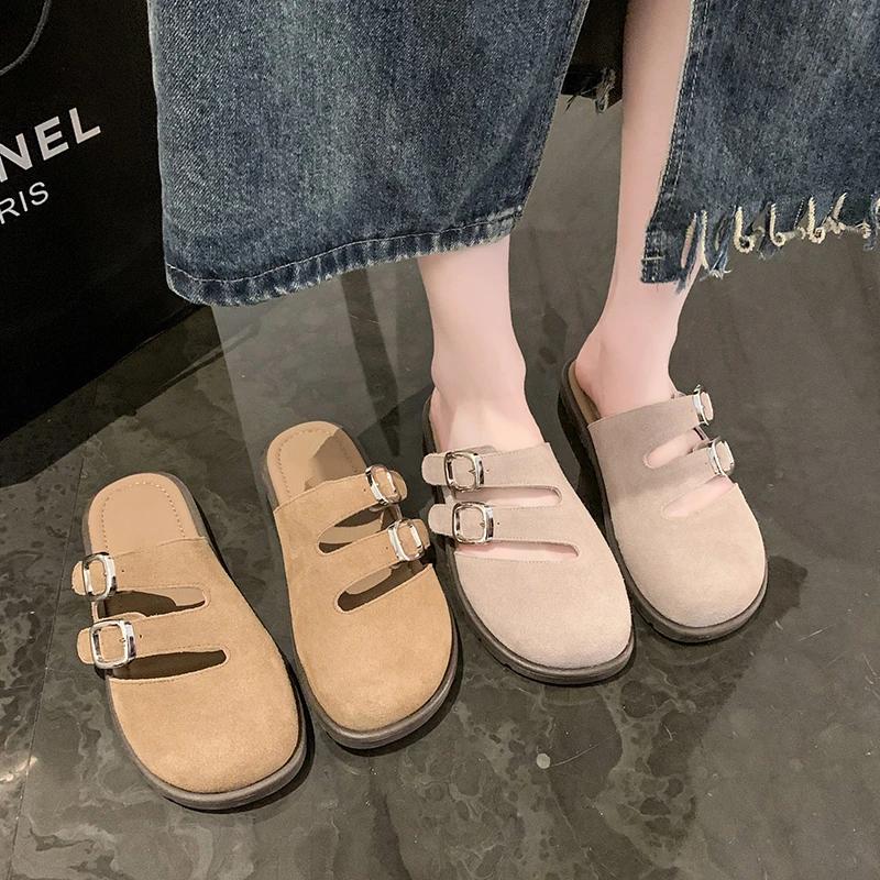 Fashion Women's Suede Mules 2024Spring and Autumn New Thick-soled Flat Shoes Boston Sandals Fashionable Slip-on Beach Women's Soft Shoes