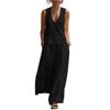 Women's Fashion Color Sleeveless V-neck Button Top With Elastic Waist Pocket Wide Leg Casual Pants Two Piece Set
