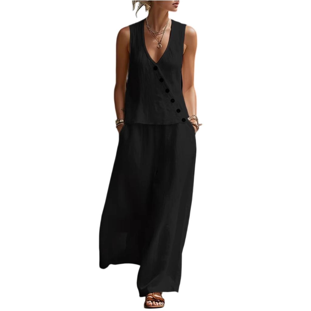 Women's Fashion Color Sleeveless V-neck Button Top With Elastic Waist Pocket Wide Leg Casual Pants Two Piece Set