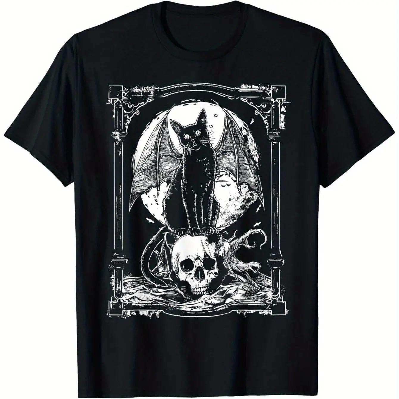 Gothic Black Cat Skull Bat Wings Moon T-shirt XL
