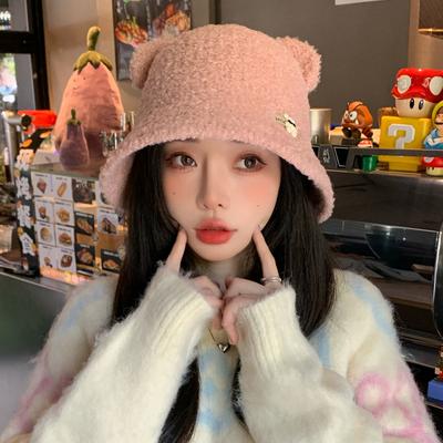 New Hat Female Cute Bear Imitation Lamb Wool Bucket Hat Winter Warmth Shows Washbasin Hat Tide